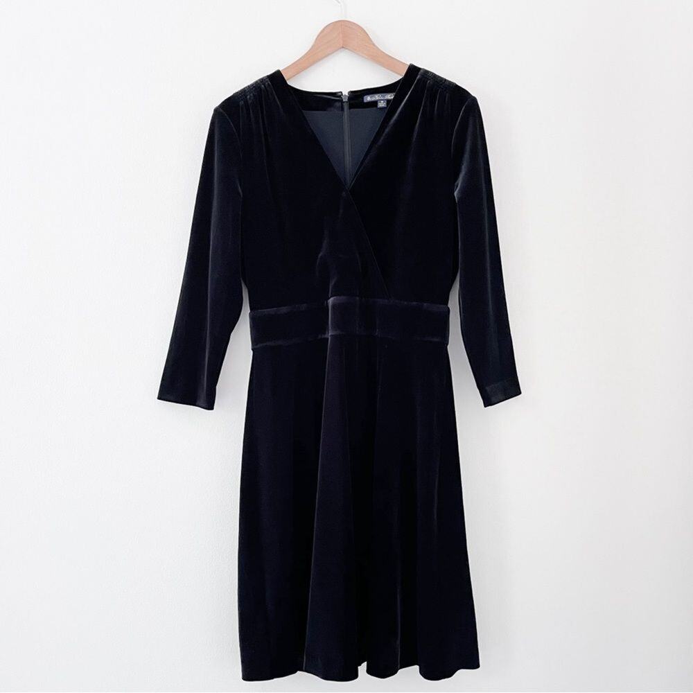 Brooks Brothers Black Velvet Midi Dress with V-Neck